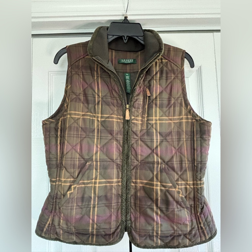 Ralph Lauren Quilted Plaid Vest in Olive, Brown & Gold Tones